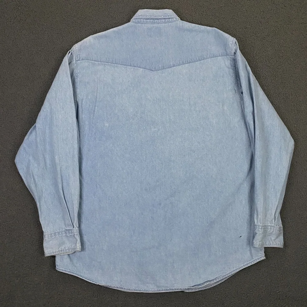 Levis Denim Western Shirt Mens Large Pearl Snap Diamond Label Blue Jean Vintage